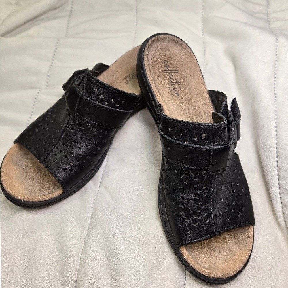 Clarks Collection Womens Black Leather Slide on Sandals 6M